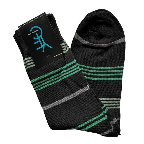 Yves Franc Claire Mens Black Green Striped Crew Socks Size 10-13 Cotton Blend u - Picture 1 of 4